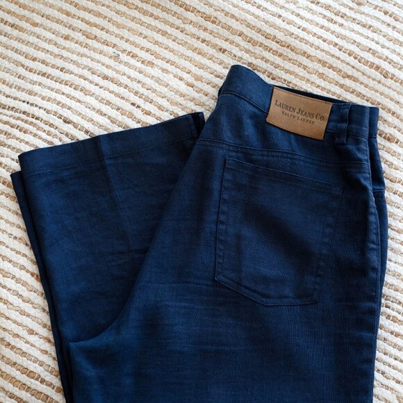 RALPH LAUREN PANTS SZ 10 NAVY BLUE JEANS 100% LINEN CROPPED WIDE LEG - Picture 1 of 8